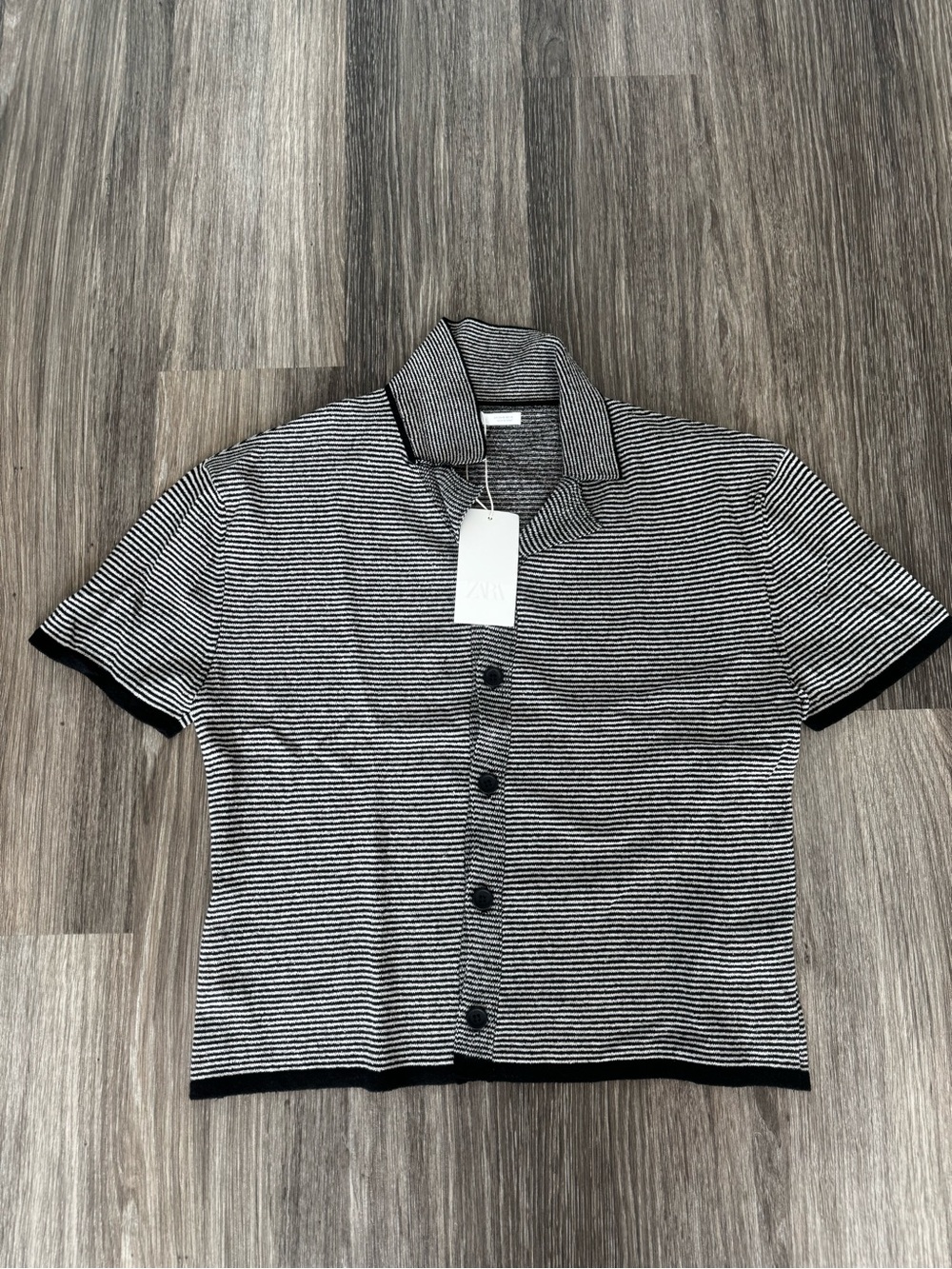 Zara Black and White Striped Short-Sleeve Button-Front Polo Shirt